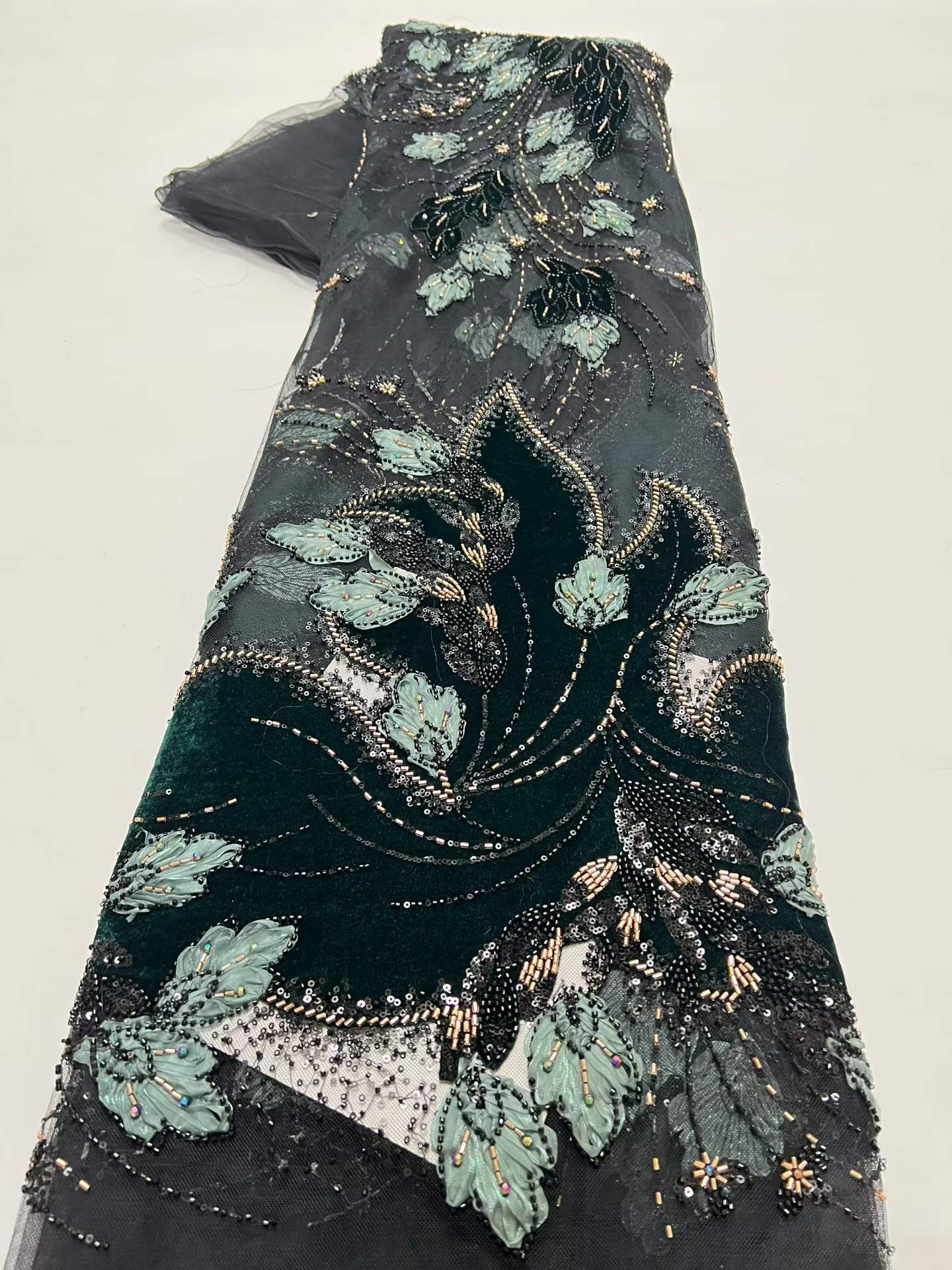 Sewing Velvet Fabric - Yeşil Yeni Stil Afrika Kadife Nakışlı