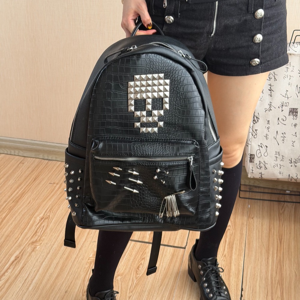 Sewing Zipper - Orijinal Siyah Timsah Desenli Kafatası Perçin